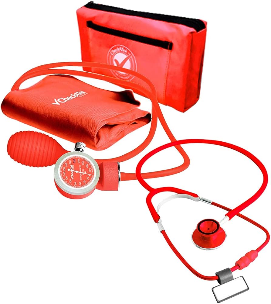 Estuche y componentes de kit baumanómetro aneroide rojo con estetoscopio