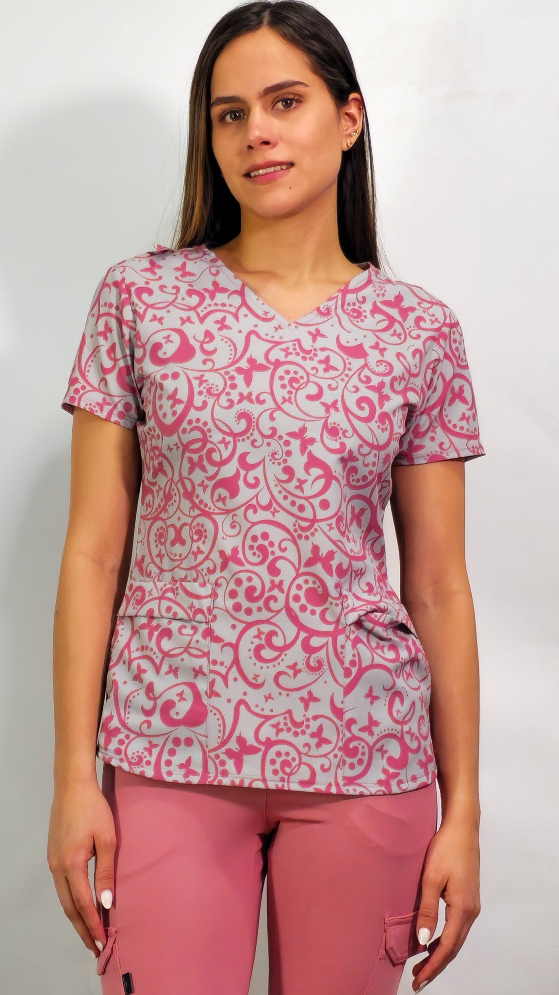 Filipina Estampado Floral Gris Perla/Palo de Rosa, Scrubs 600
