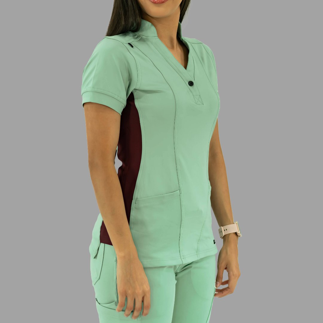 Vista lateral de filipina médica 930 verde menta y vino, mostrando panel lateral.