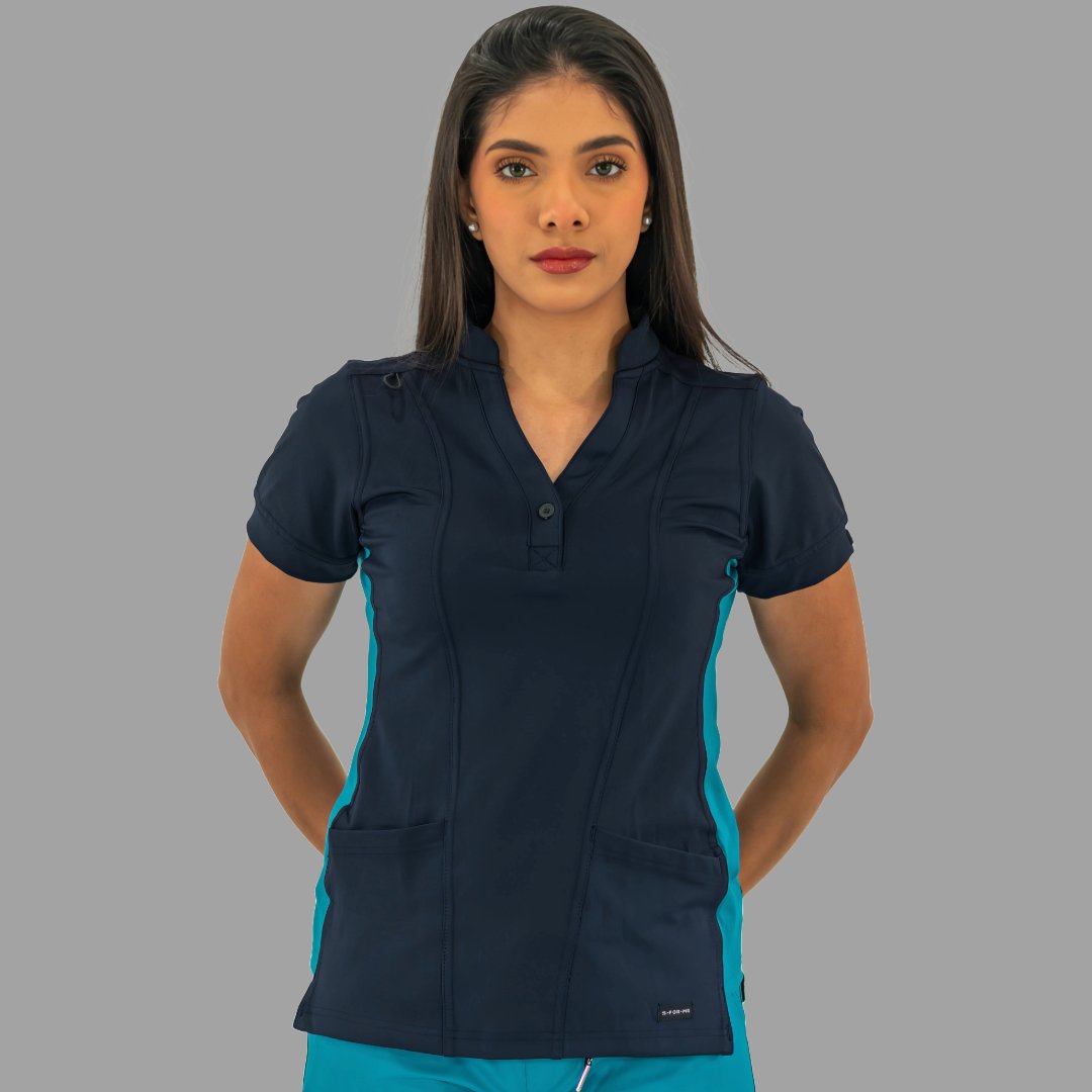 Vista frontal directa de filipina médica 930 azul marino con paneles laterales teal.