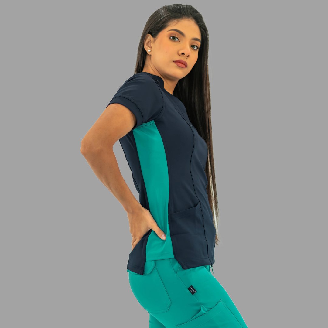 Perfil lateral de filipina médica 930 azul marino y teal, mostrando ajuste.