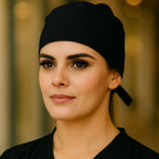 Gorro quirúrgico negro unisex Super Stretch en vista frontal para profesionales de salud
