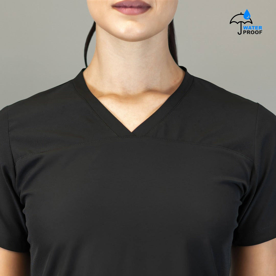Detalle de cuello en V de filipina quirúrgica negra mujer 515