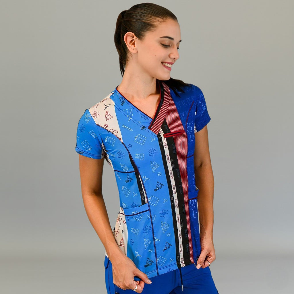Filipina dama Collage Azul con cuello V para uniforme médico