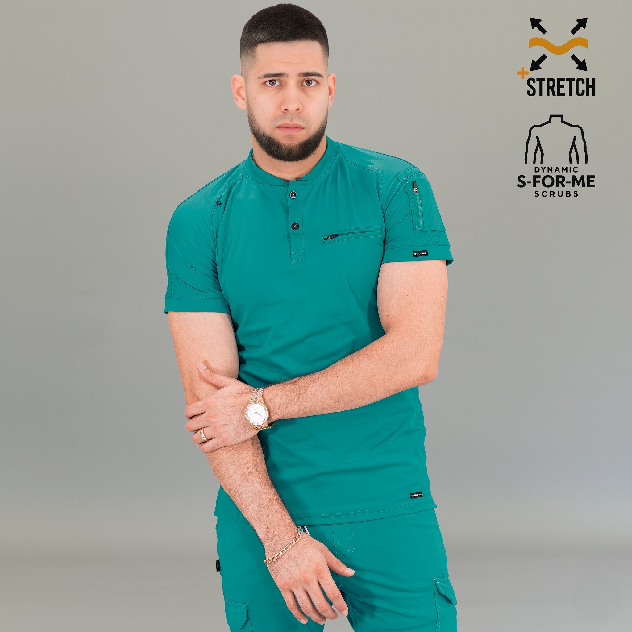 Filipina médica verde teal para hombre 901 — vista frontal con cuello redondo y botones