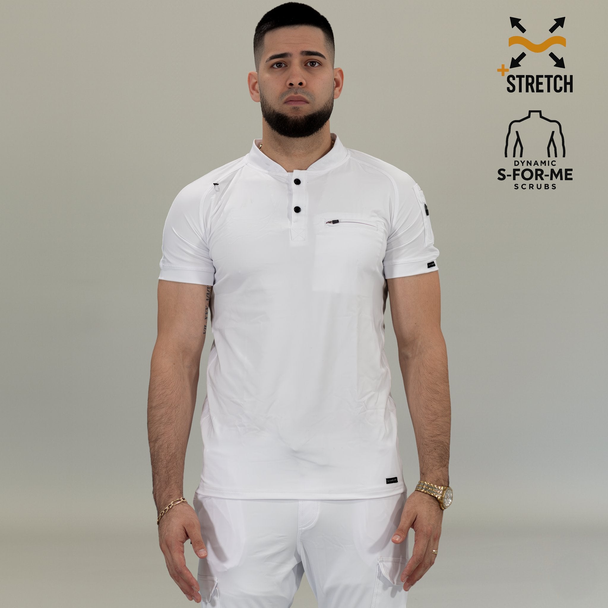 Filipina quirúrgica blanca para hombre combinada con uniforme clínico blanco