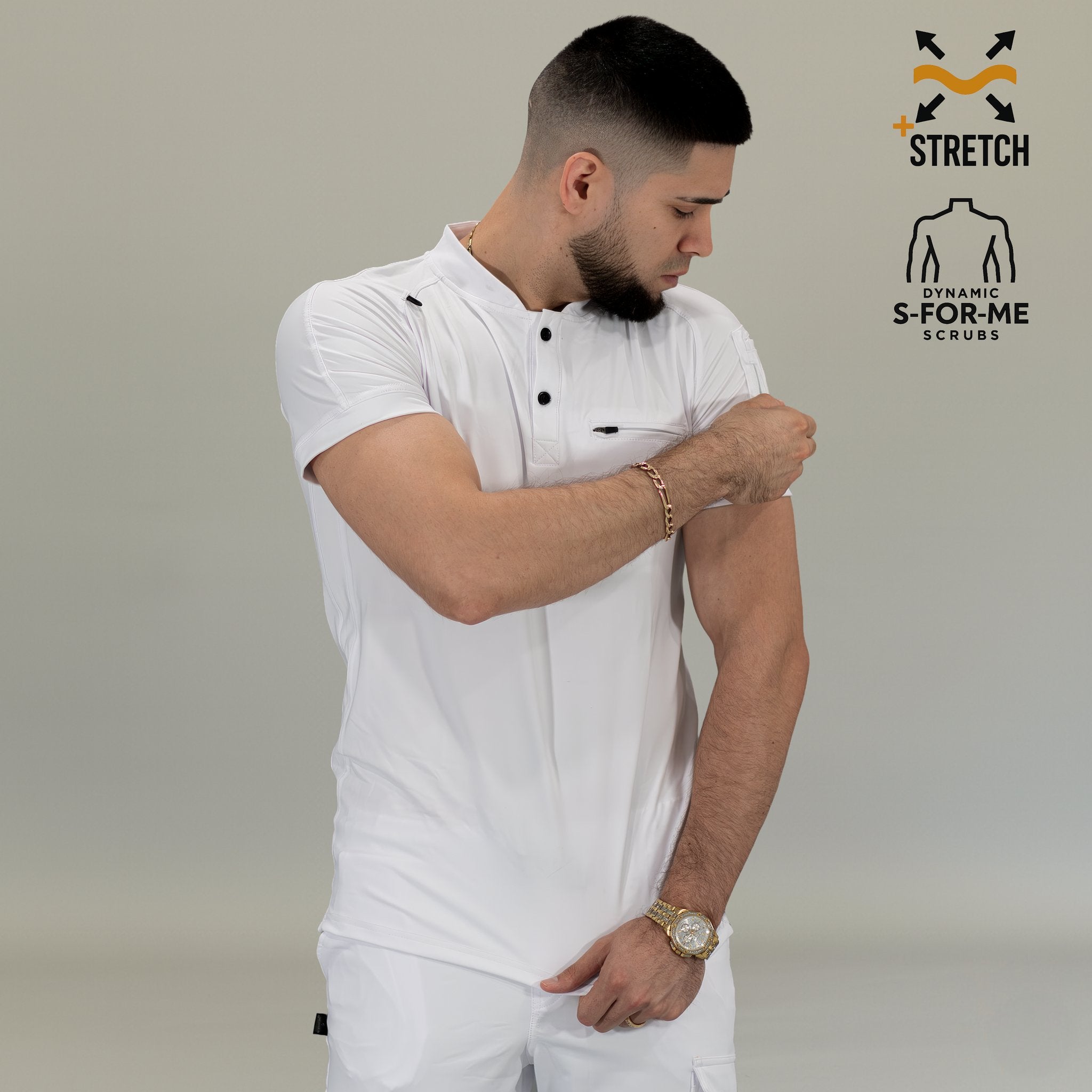 Detalle de bolsillo en manga de filipina quirúrgica blanca hombre Scrubs 901