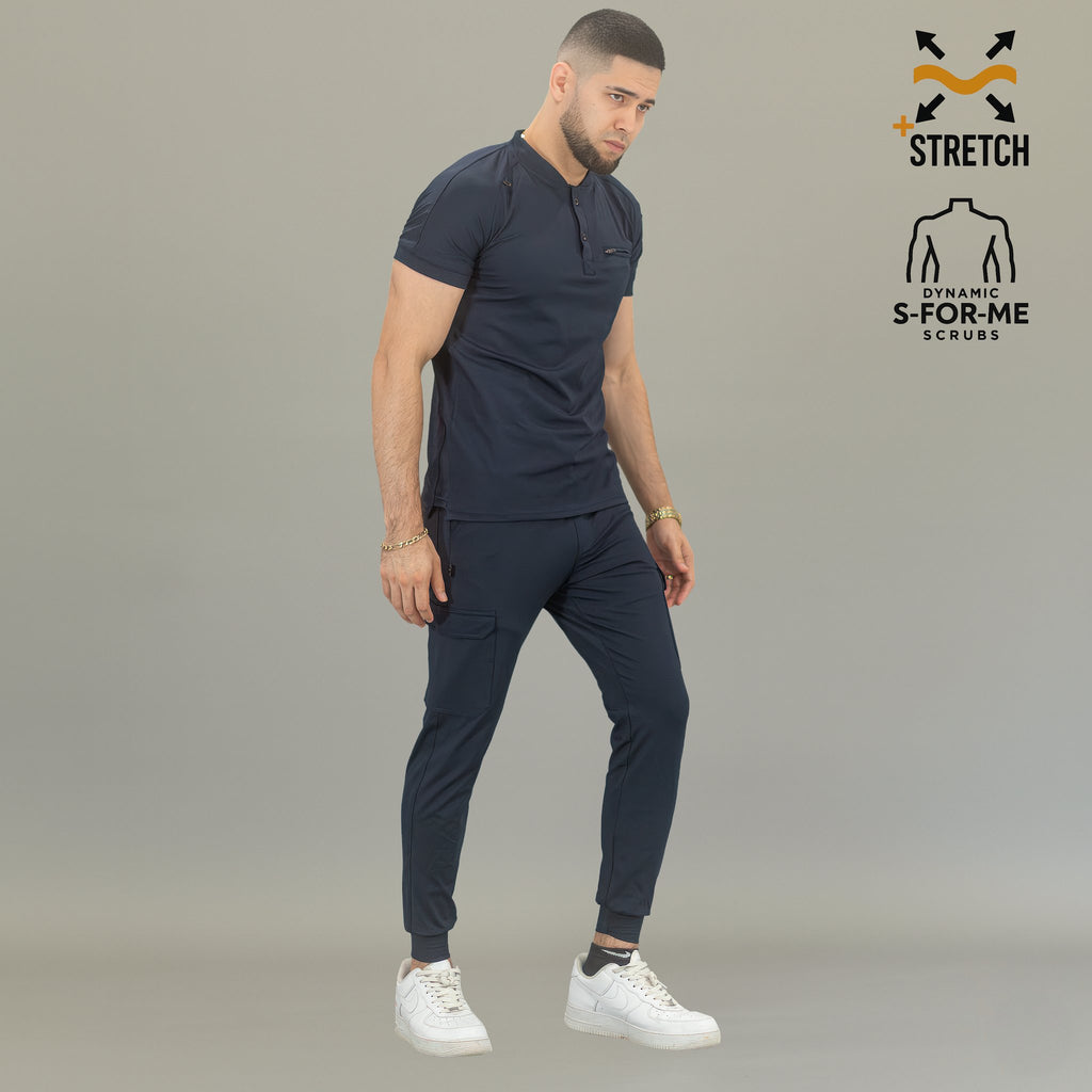 Look completo de uniforme médico azul marino hombre con filipina Scrubs 901