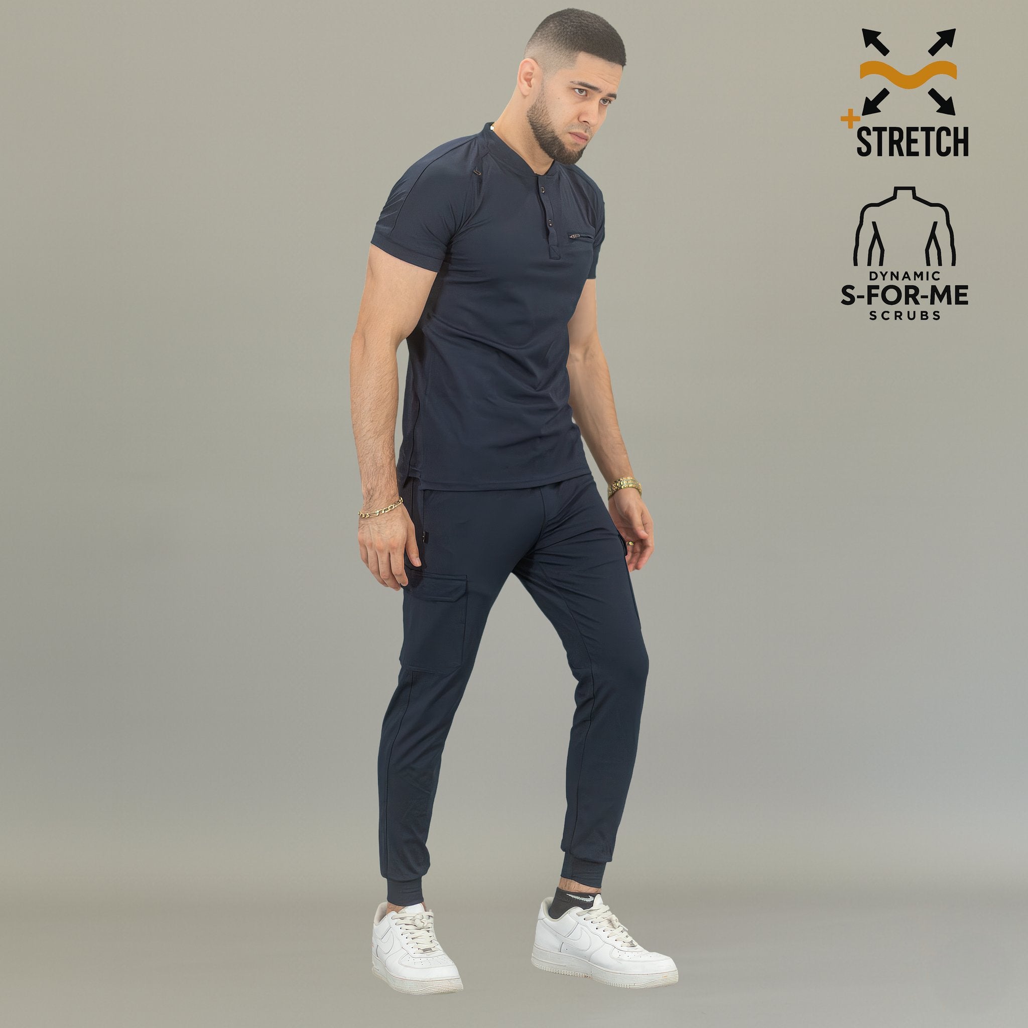 Look completo de uniforme médico azul marino hombre con filipina Scrubs 901