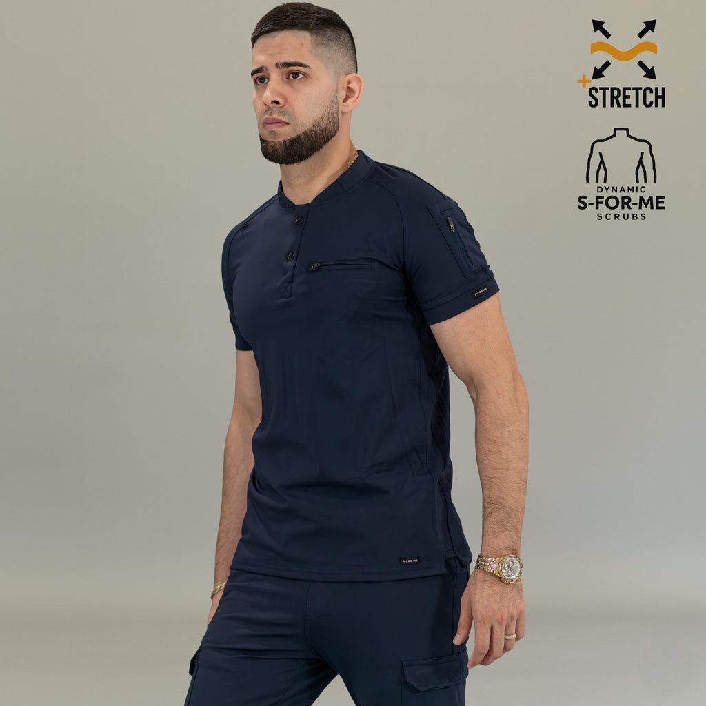 Filipina médica azul marino para hombre Scrubs 901 con ajuste slim fit vista frontal