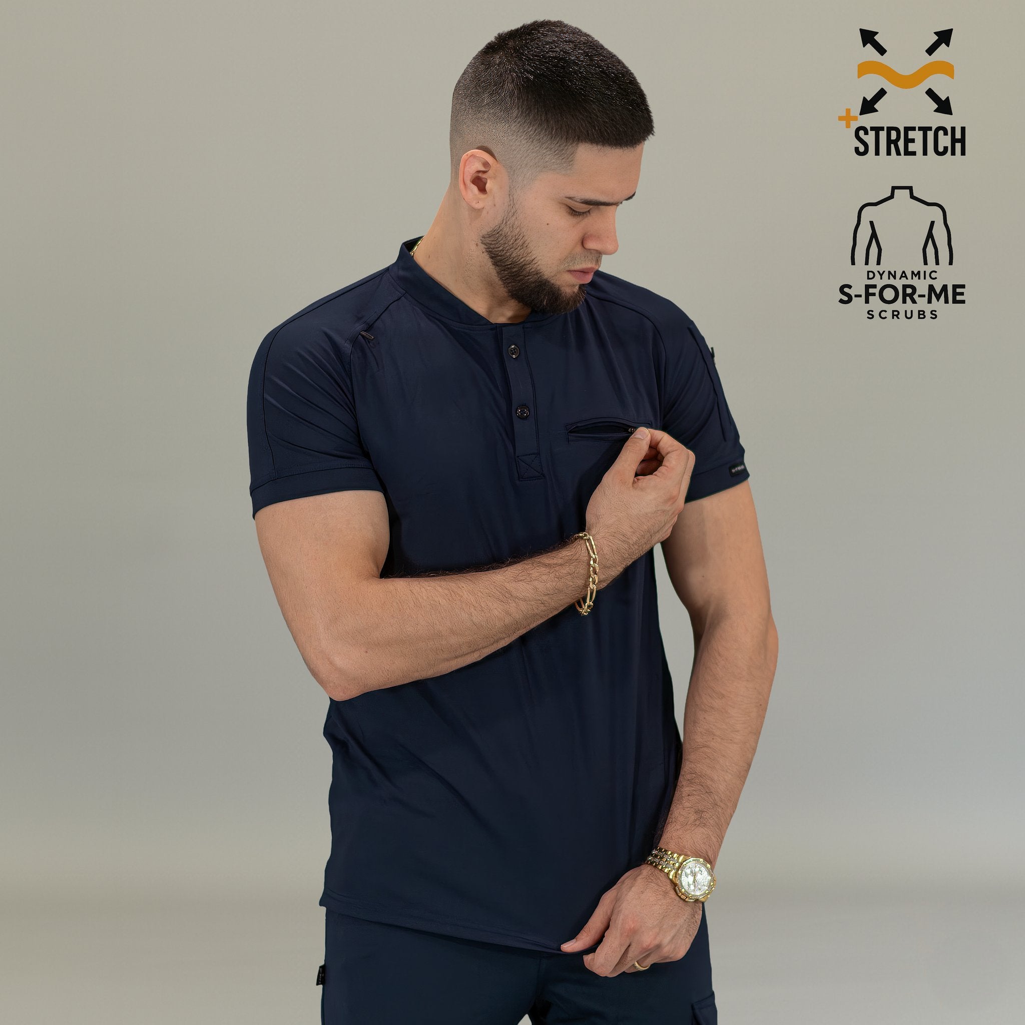 Top quirúrgico azul marino hombre Scrubs 901 con manga raglán y cuello con botones