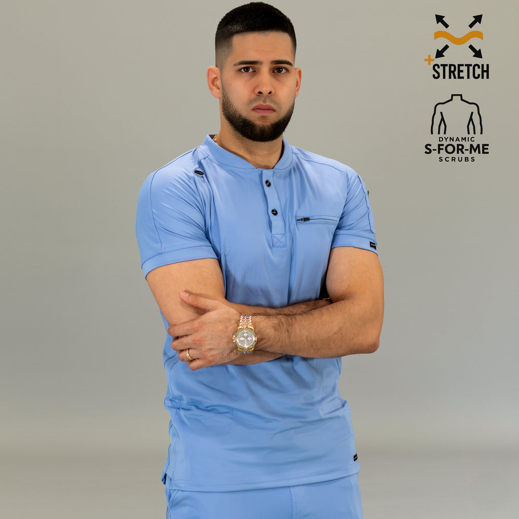 Filipina Super Stretch hombre azul plumbago — ajuste slim en torso y manga corta
