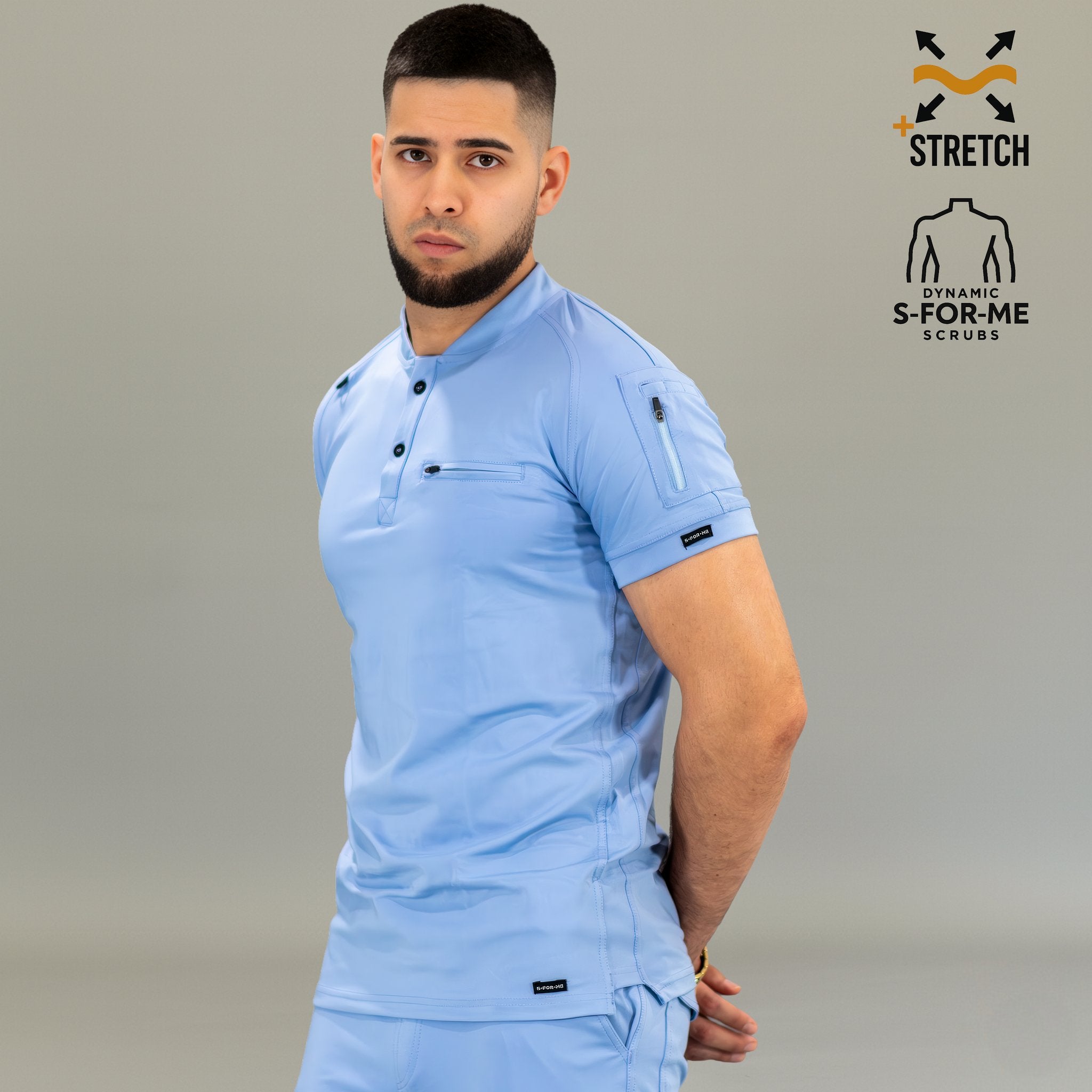 Filipina médica hombre azul plumbago 901 — vista lateral con manga raglán y corte slim