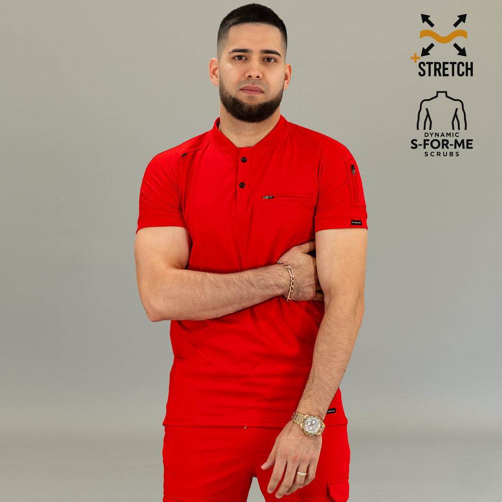 Filipina roja Super Stretch hombre — vista frontal mostrando largo y ajuste