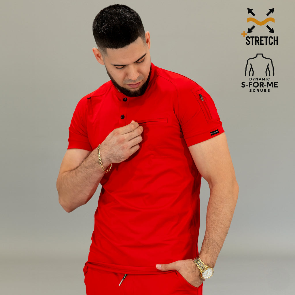 Filipina médica roja hombre 901 — detalle de pecho y caída slim fit