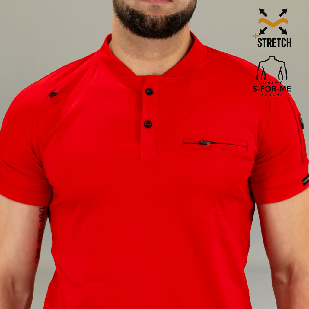 Detalle de filipina quirúrgica roja hombre 901 — cuello redondo, pecho y manga corta