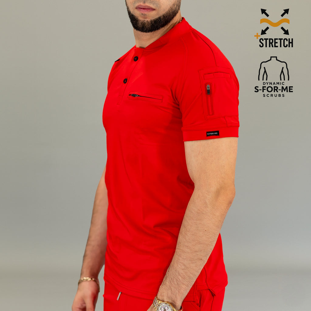 Filipina roja Super Stretch para hombre — vista lateral con detalle de manga