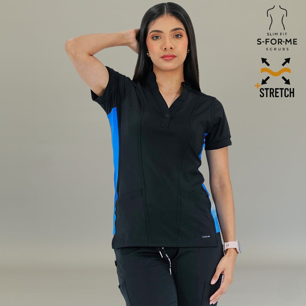 Vista frontal completa de filipina médica 930 negra con detalles laterales azul rey y pantalón negro.