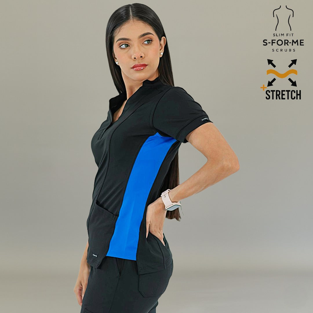 Vista en tres cuartos de filipina médica 930 negra con panel lateral en azul rey vibrante.