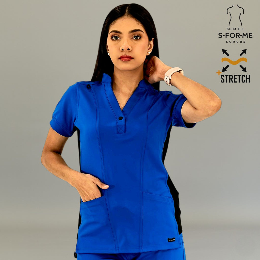 Vista frontal de filipina médica azul rey con negro, mano cerca del hombro.