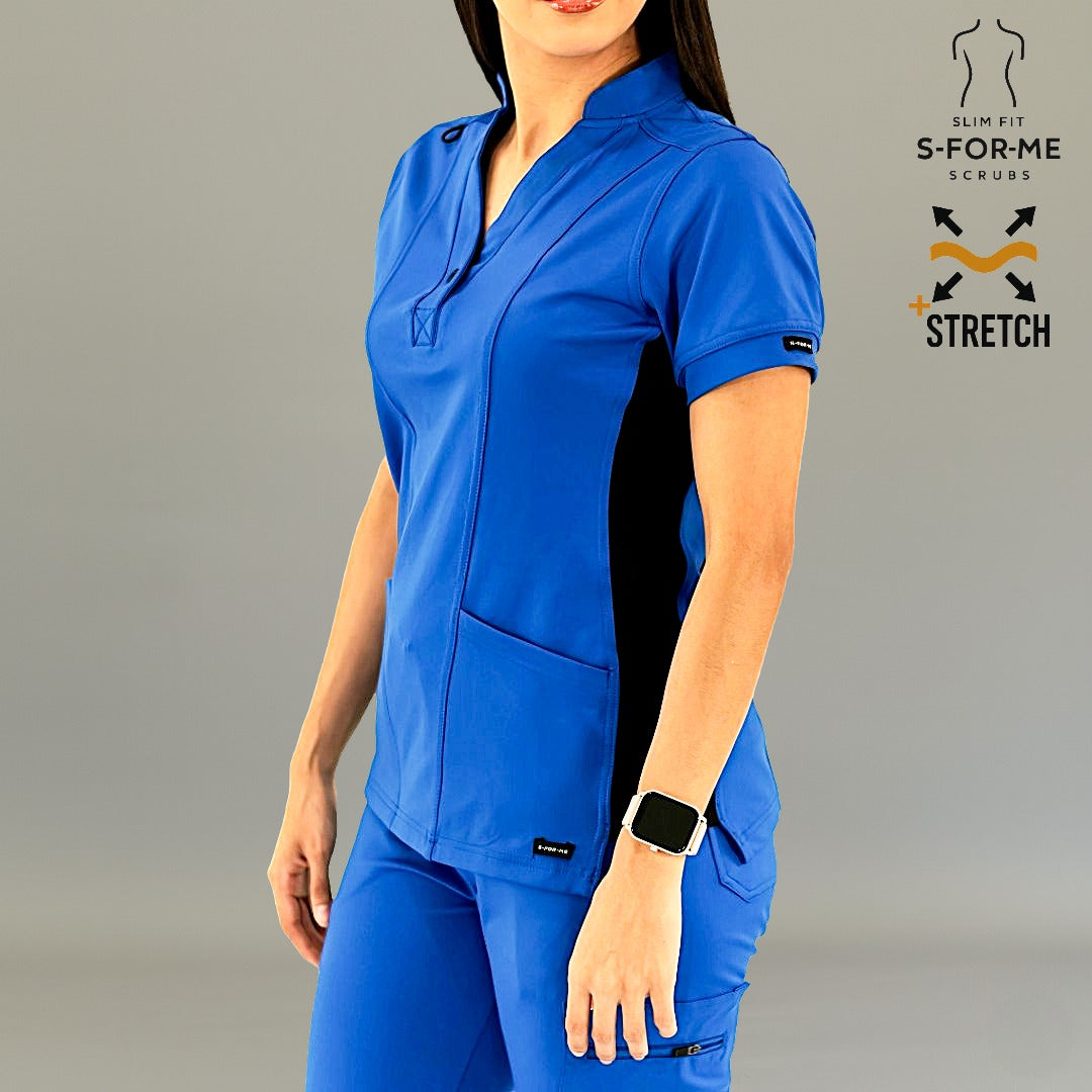 Vista de tres cuartos de filipina médica 930 azul rey con negro, vista abajo.