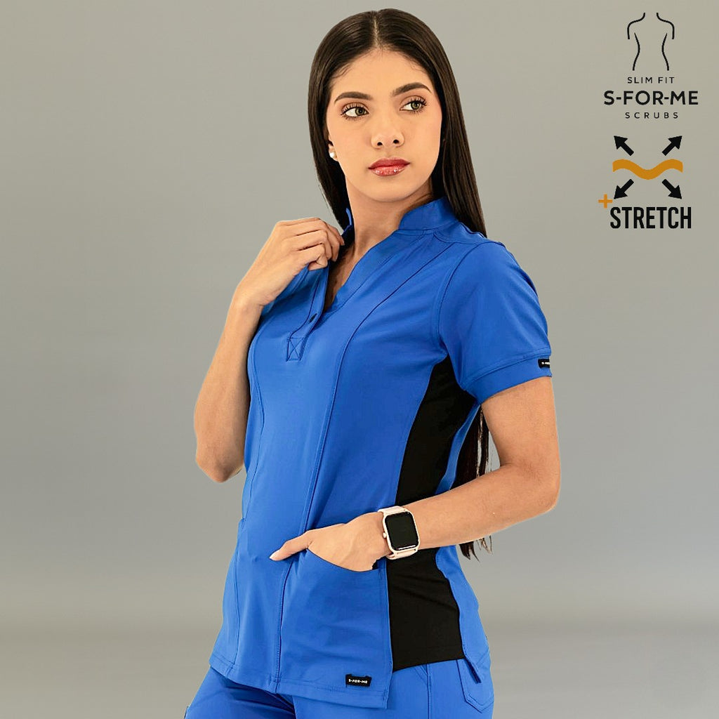 Vista frontal de filipina médica 930 azul rey con negro, mirando a la derecha.