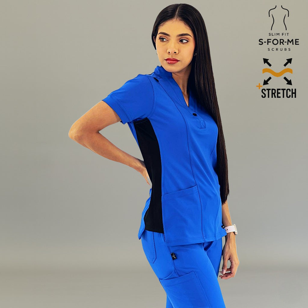 Vista lateral derecha de filipina médica azul con paneles laterales negros.