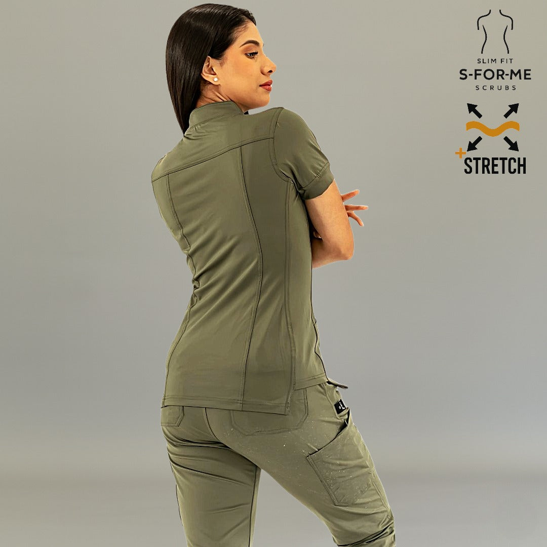 S-FORME Women's 930 Olive Green scrub top with mandarin collar and pockets