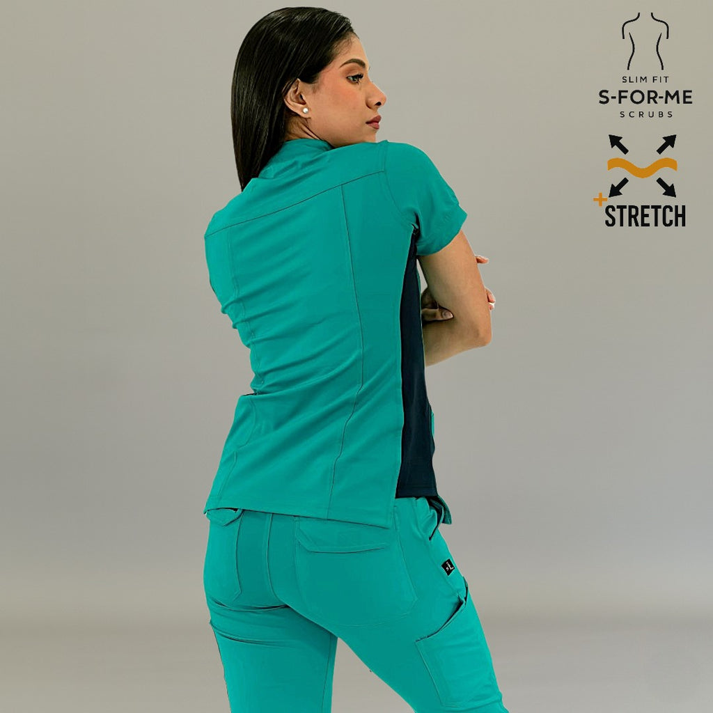 Vista posterior en ángulo de filipina médica 930 color teal.