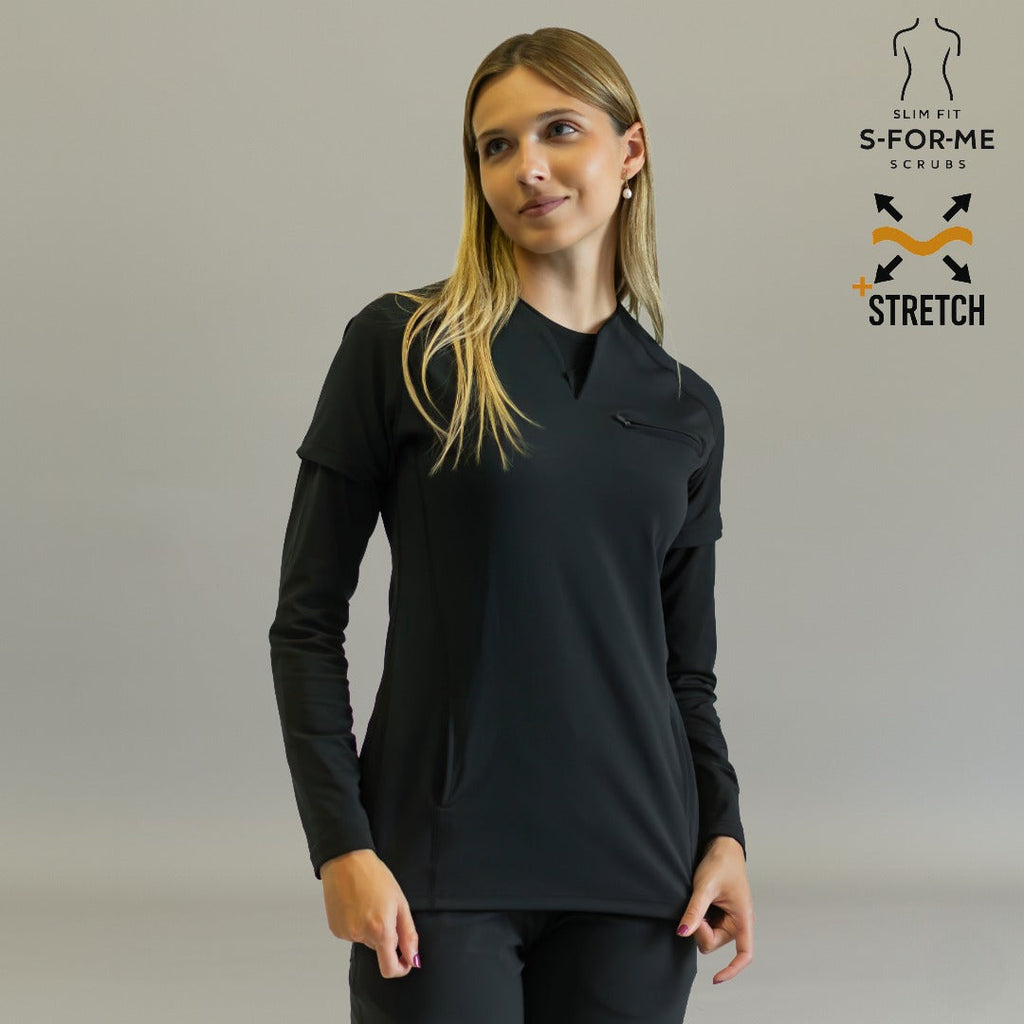 Top médico mujer 915 Negro — detalle mangas raglán cortas