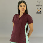 Vista de tres cuartos de filipina médica 930 color vino con paneles menta y cuello mao.