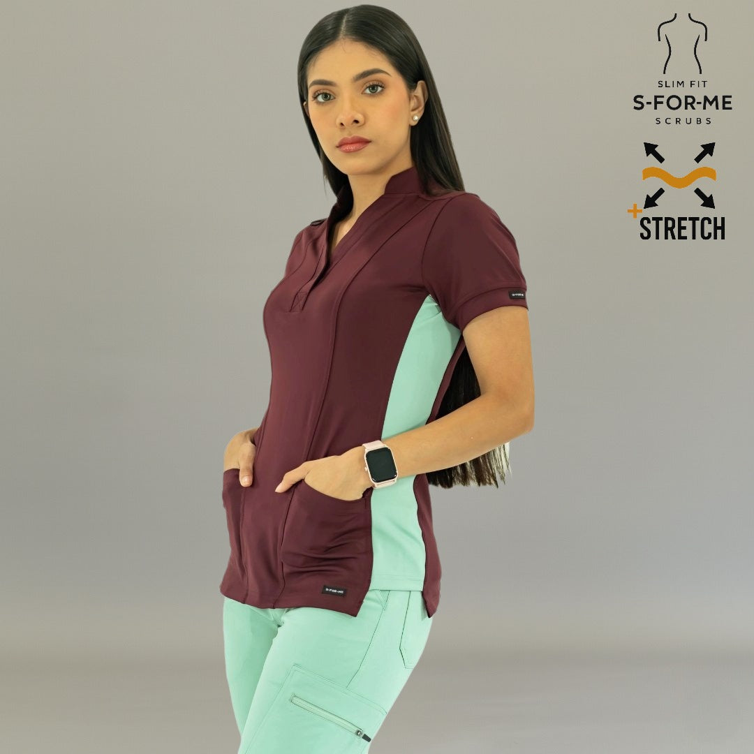 Filipina médica 930 vino y menta en vista de tres cuartos con distintivo Super Stretch.