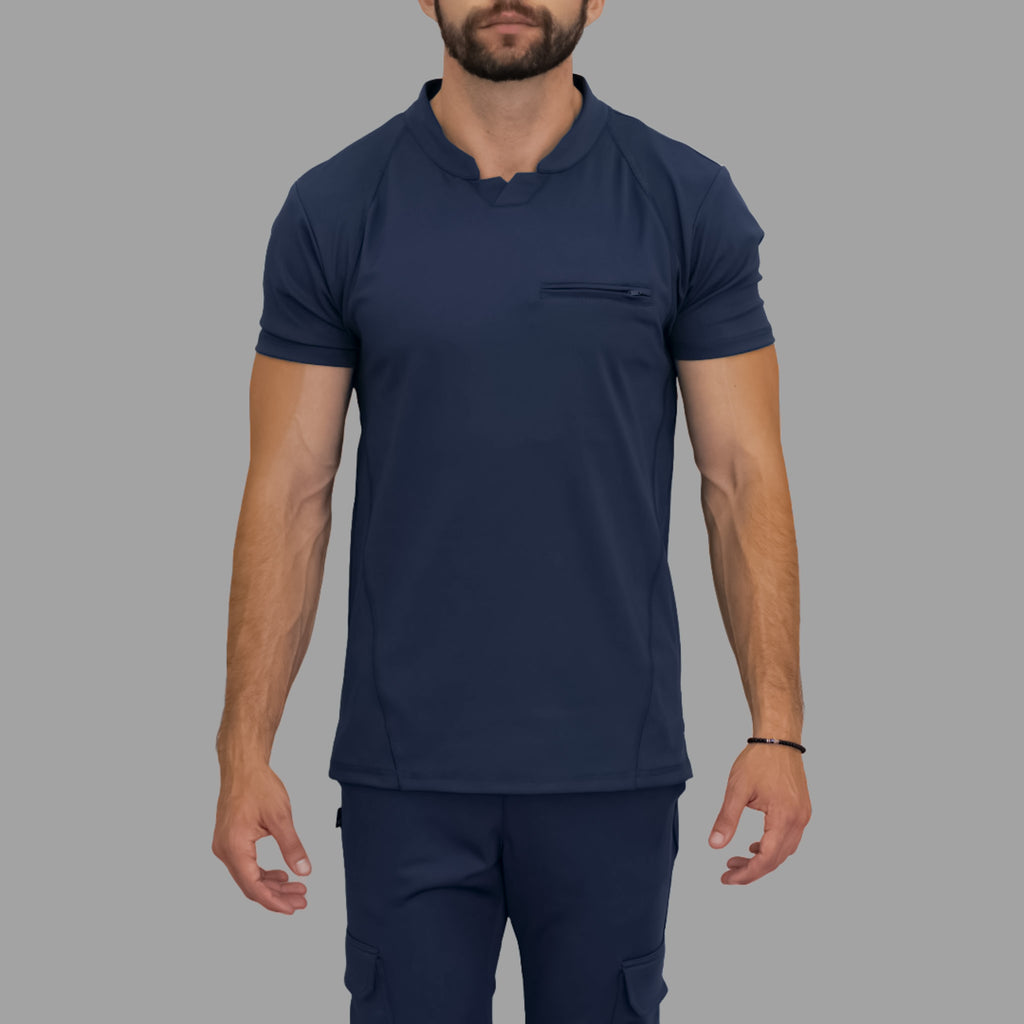 Top quirúrgico azul marino para hombre con cuello tipo polo en V