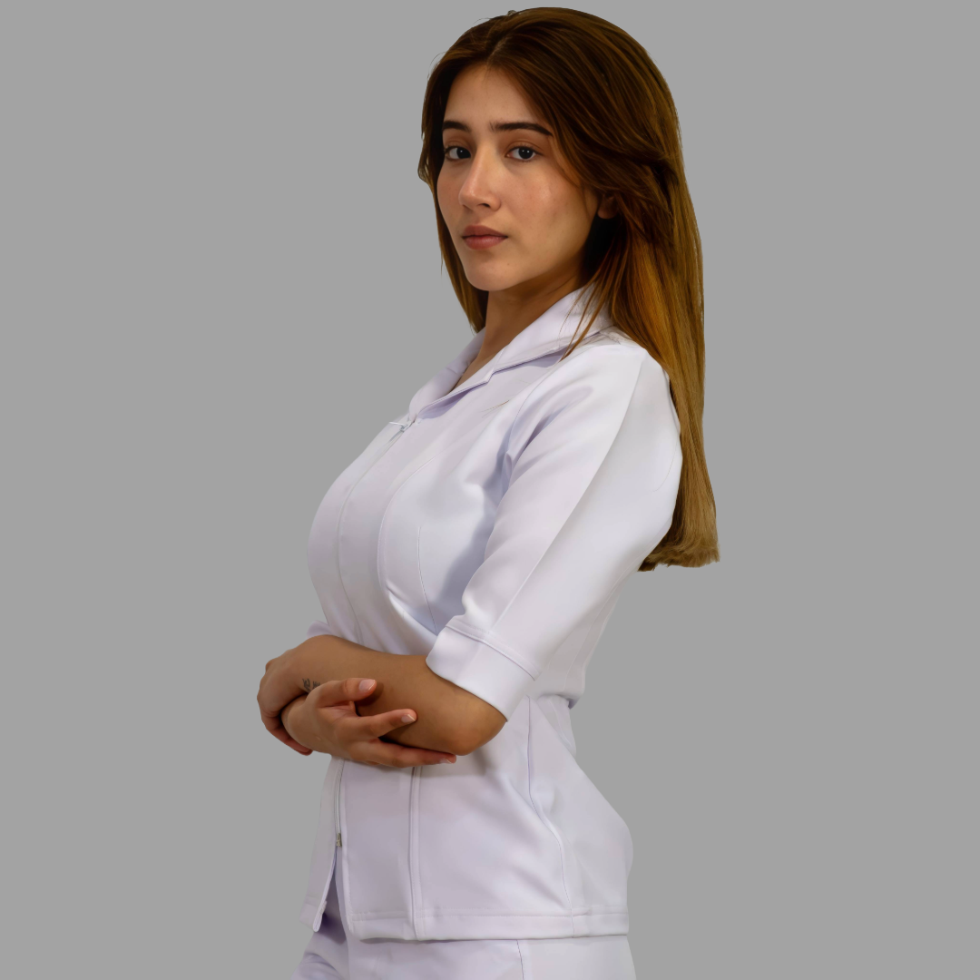 Filipina Médica Blanca Mujer Manga 3/4 Stretch Antifluido Cuello Sport
