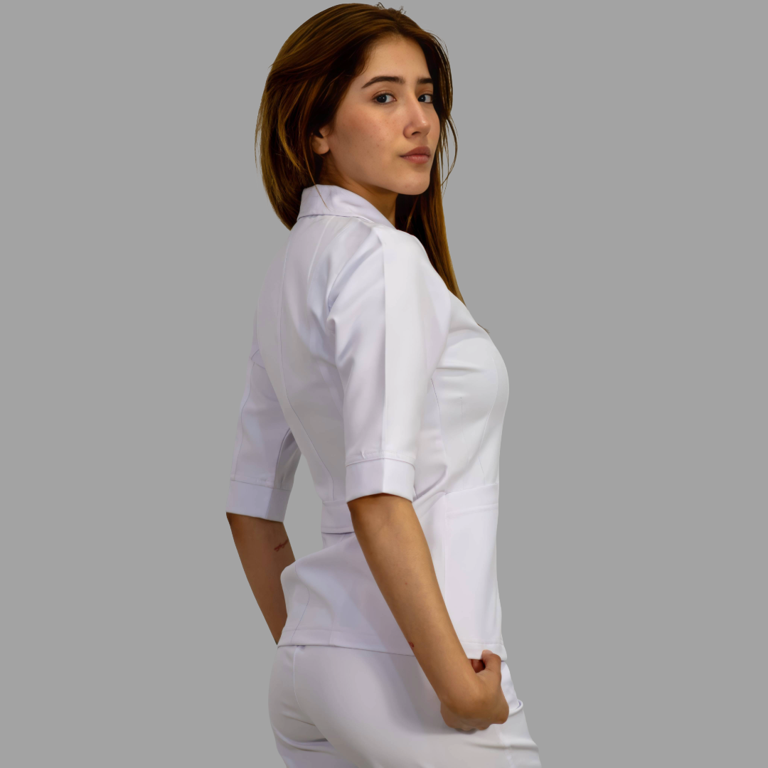 Filipina Médica Blanca Mujer Manga 3/4 Stretch Antifluido Cuello Sport