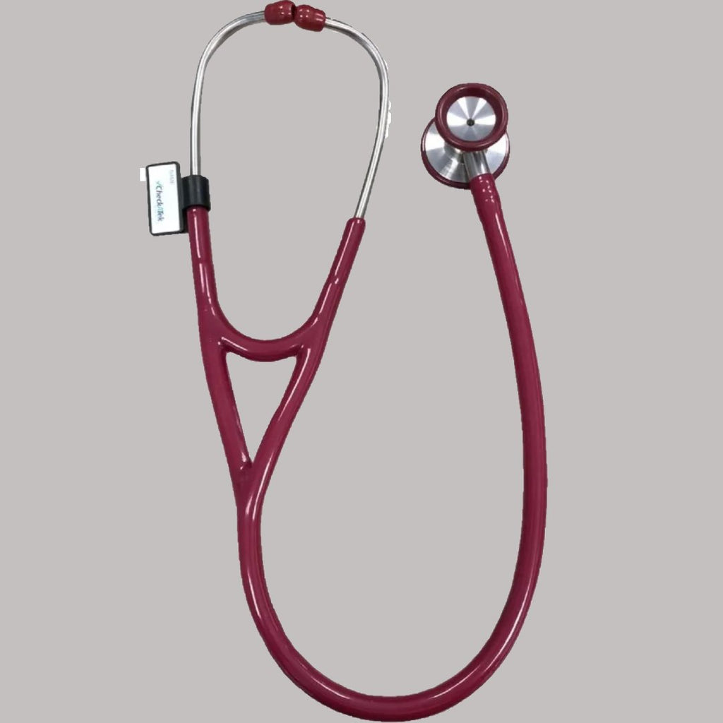 Burgundy E 800 cardiology stethoscope full view with stainless steel dual head and silicone tubing