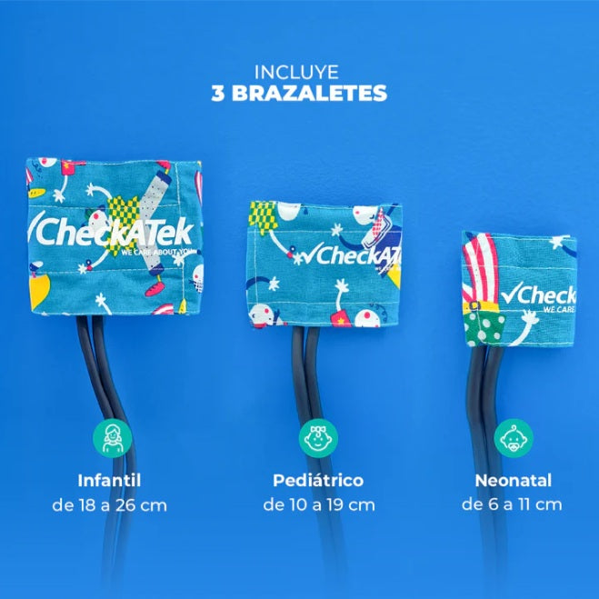 Tres brazales para baumanómetro pediátrico Checkatek: infantil, pediátrico y neonatal con rangos de medida