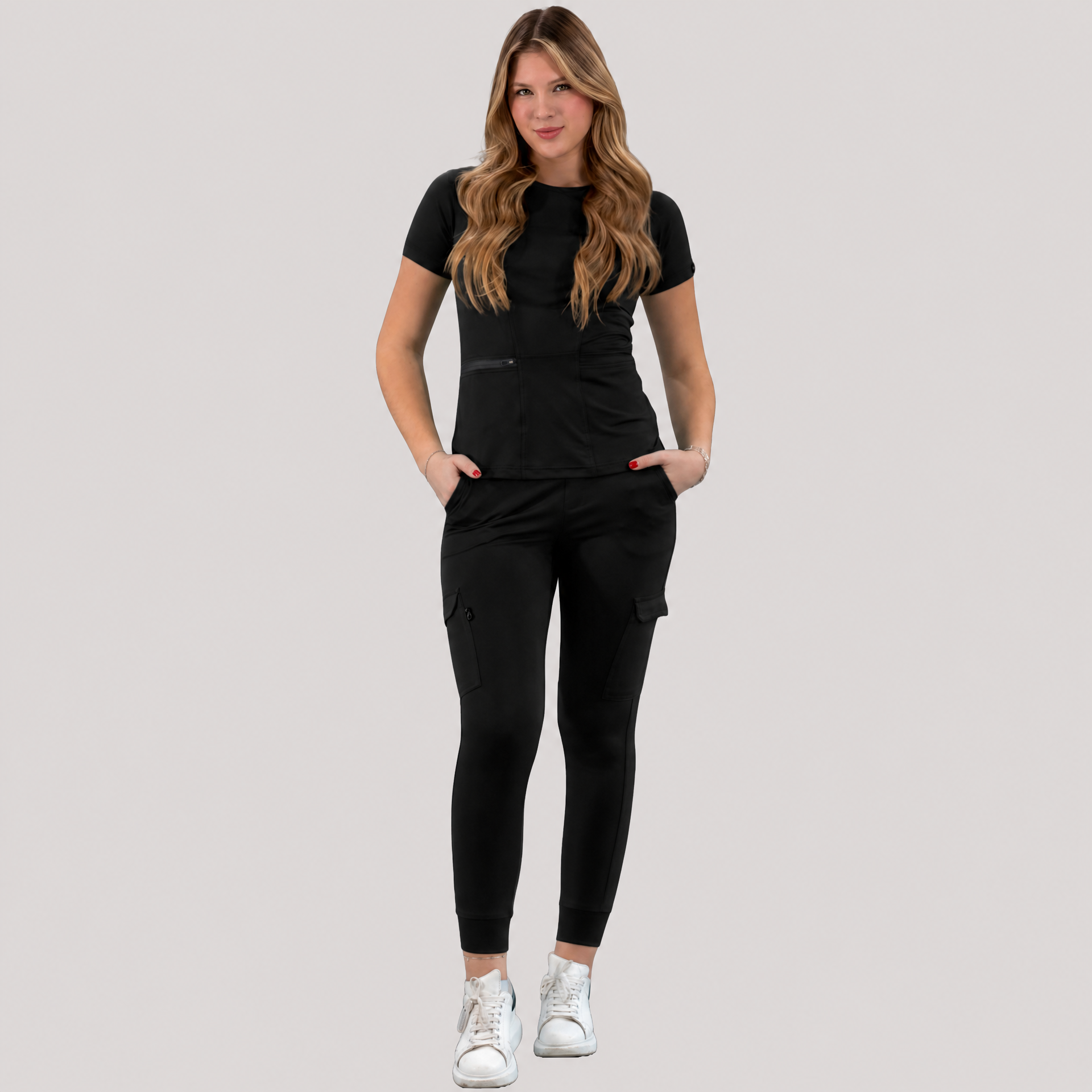 Conjunto quirúrgico negro mujer Scrubs 901 — filipina y jogger Super Stretch, vista frontal completa