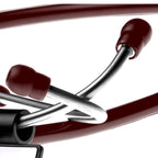 Burgundy E 800 stethoscope close-up of soft threaded ear tips and metal binaural headset